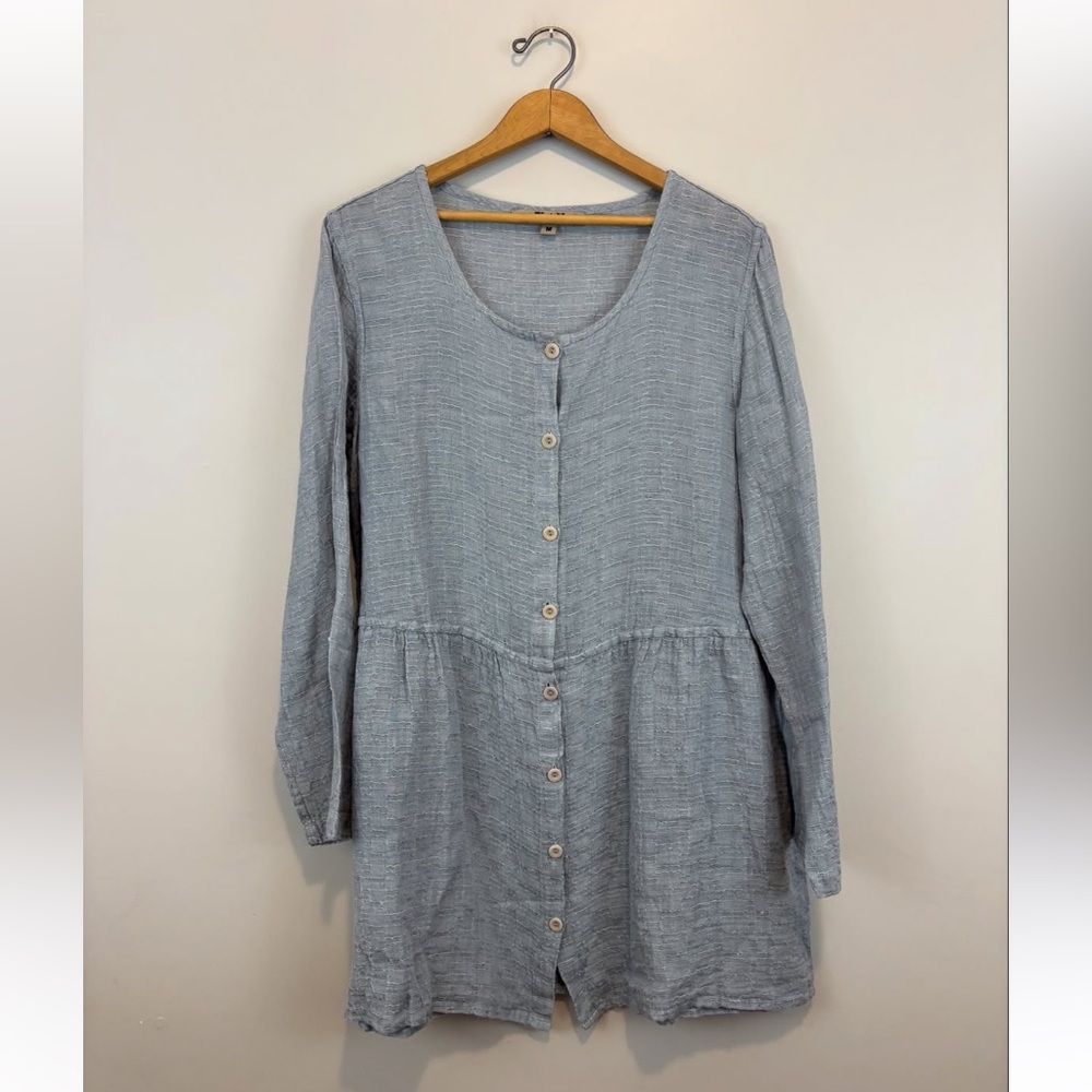 FLAX 100% linen gray long sleeve button up tunic/mini dress